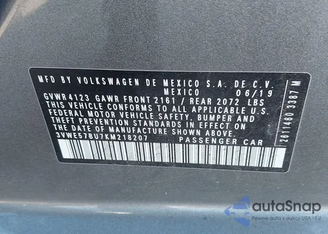 2019 Volkswagen Jetta 1.4T Sel из США, поврежденный, VIN 3VWE57BU7KM218207